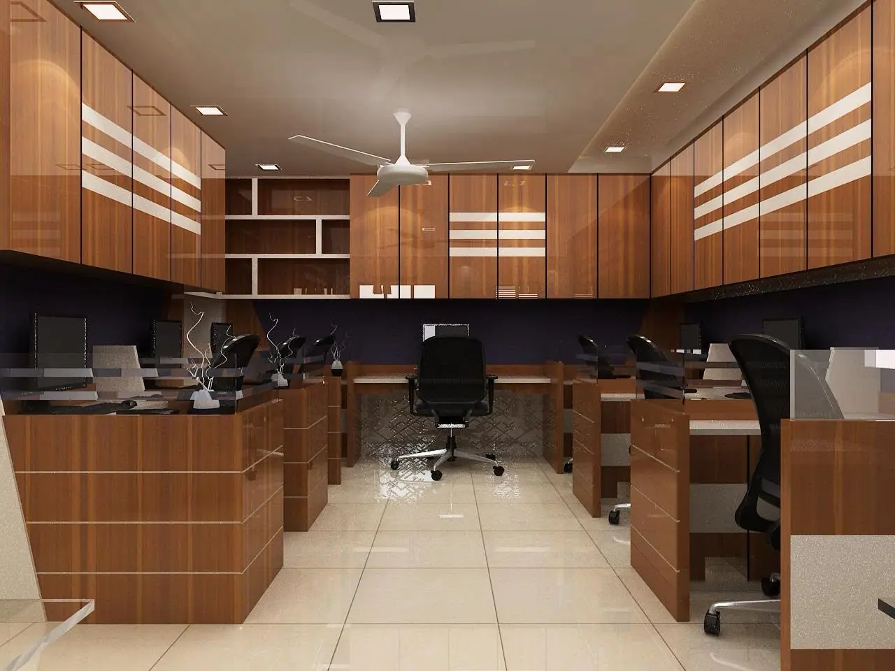 Open-plan office with rows of workstations under wood-finish overhead cabinets with white inlay stripes