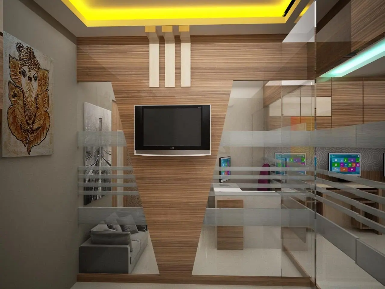 Office lobby with a Ganesha art panel, a wood-clad TV wall and glass partitions to the workspace