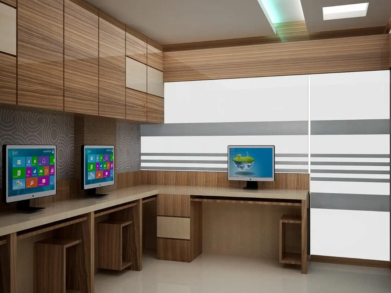 L-shaped computer workstations with wood-finish overhead storage and a striped glass partition