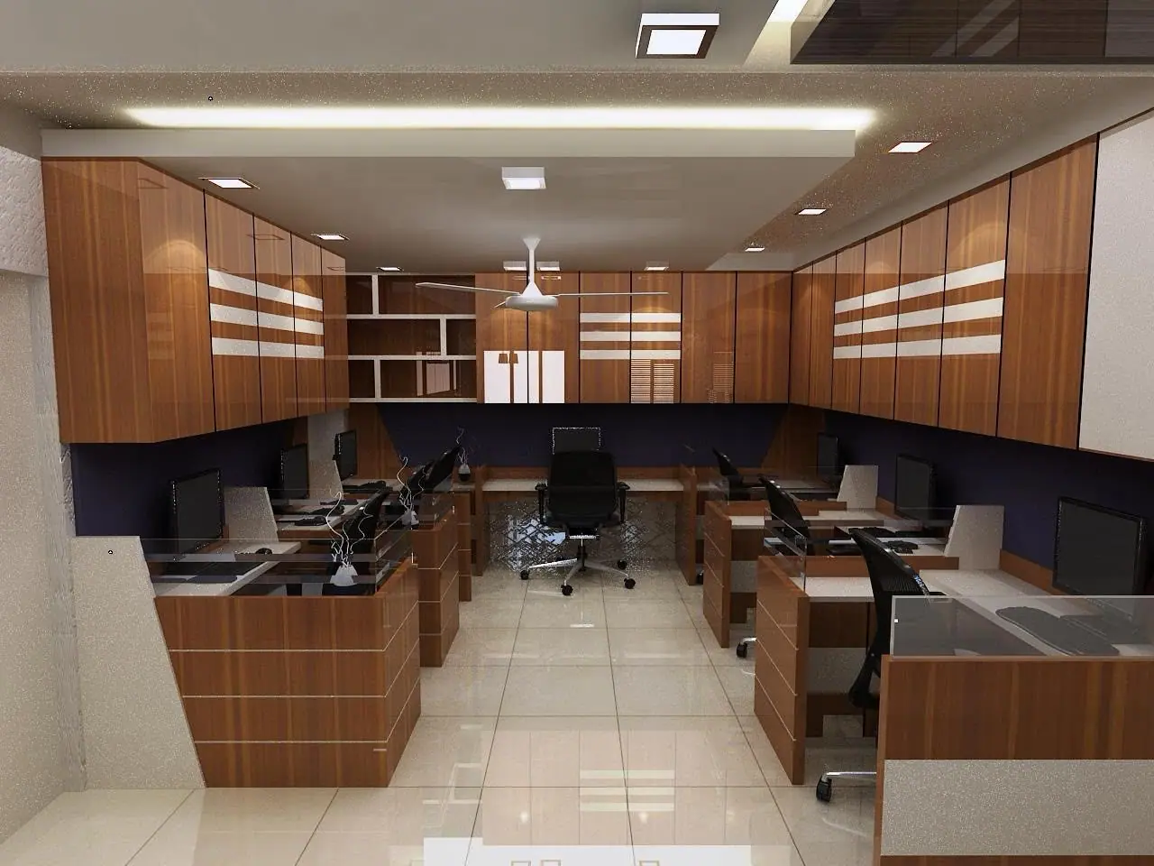 Wide view of an open-plan office with workstations and wood-finish overhead cabinets