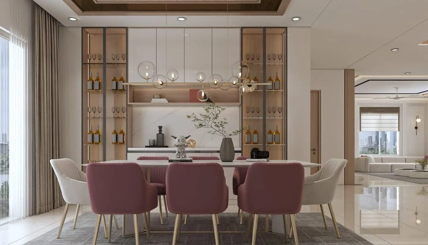 Dining design with rose upholstered chairs and a lit display unit