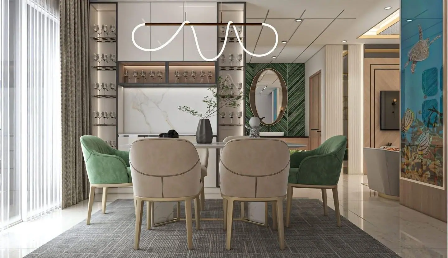 Dining area design with green and beige chairs and a sculptural pendant light