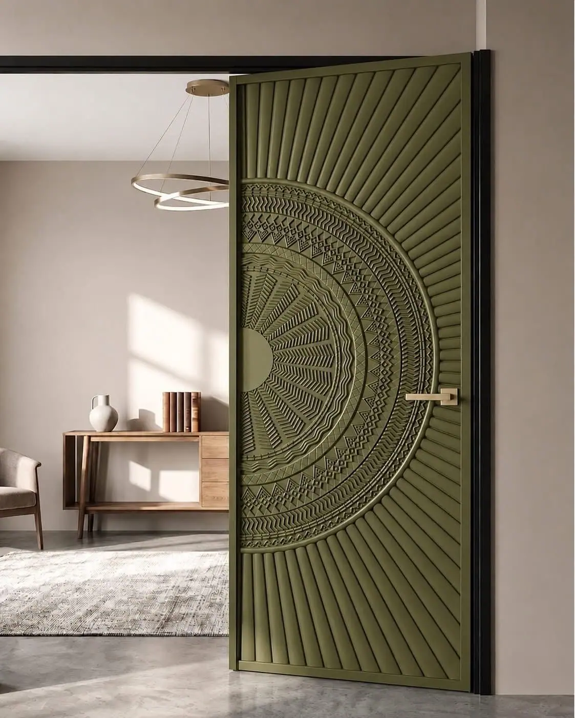 Olive door with a carved sunburst pattern and a brass handle