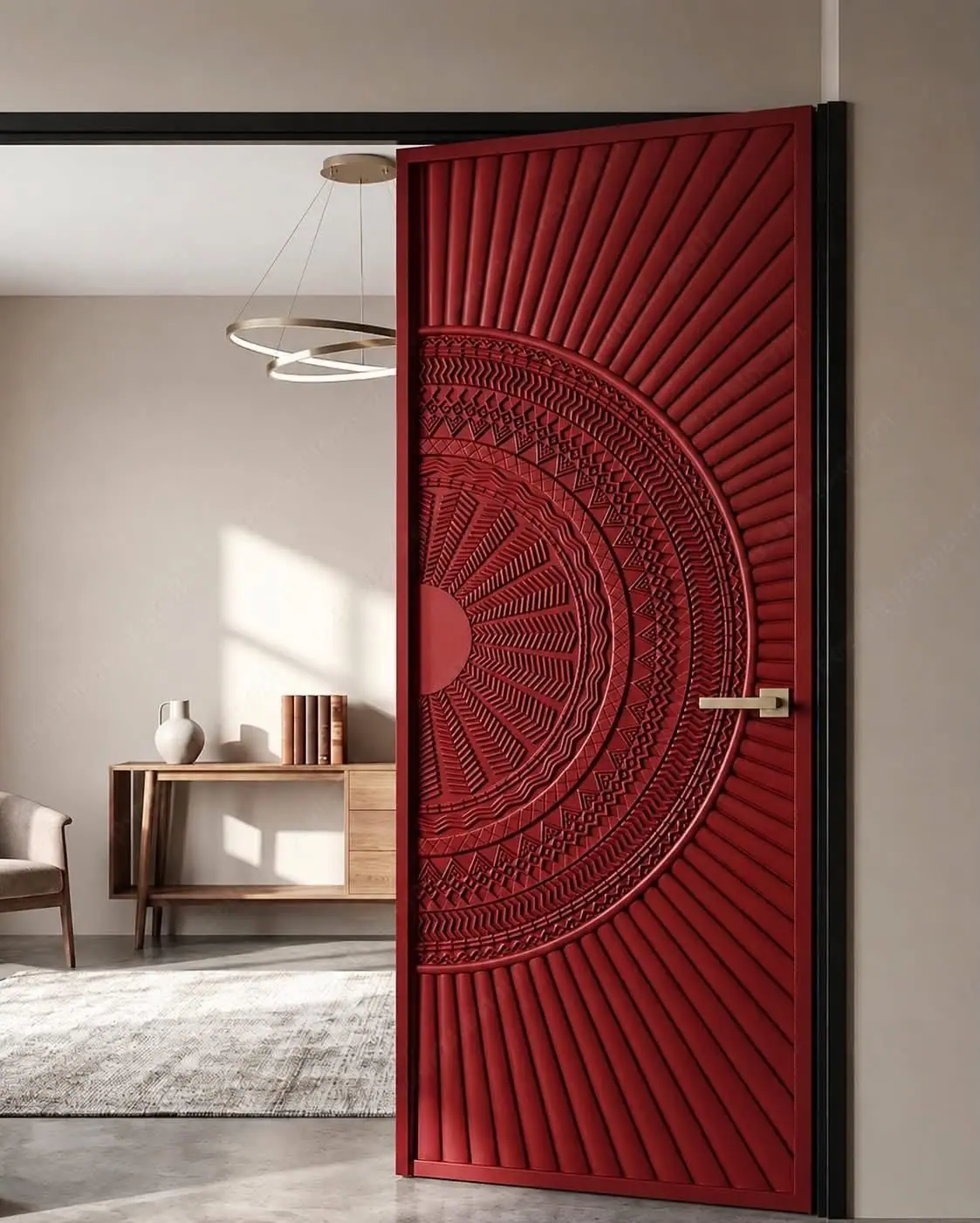 Red door design with the carved sunburst pattern