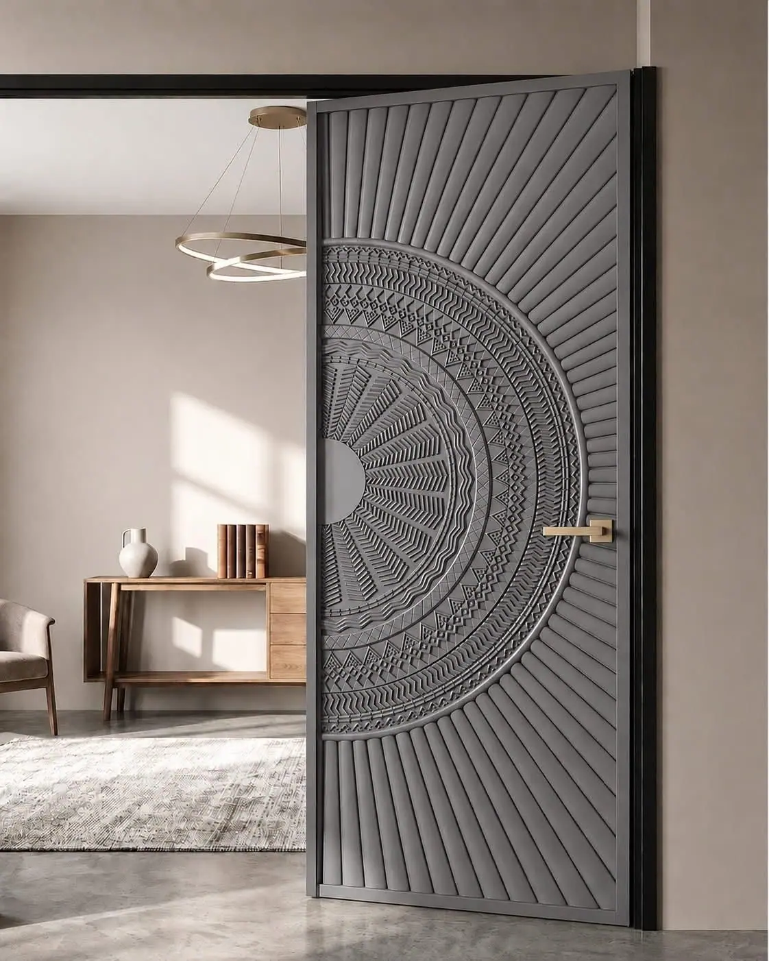 Grey door design with the carved sunburst pattern