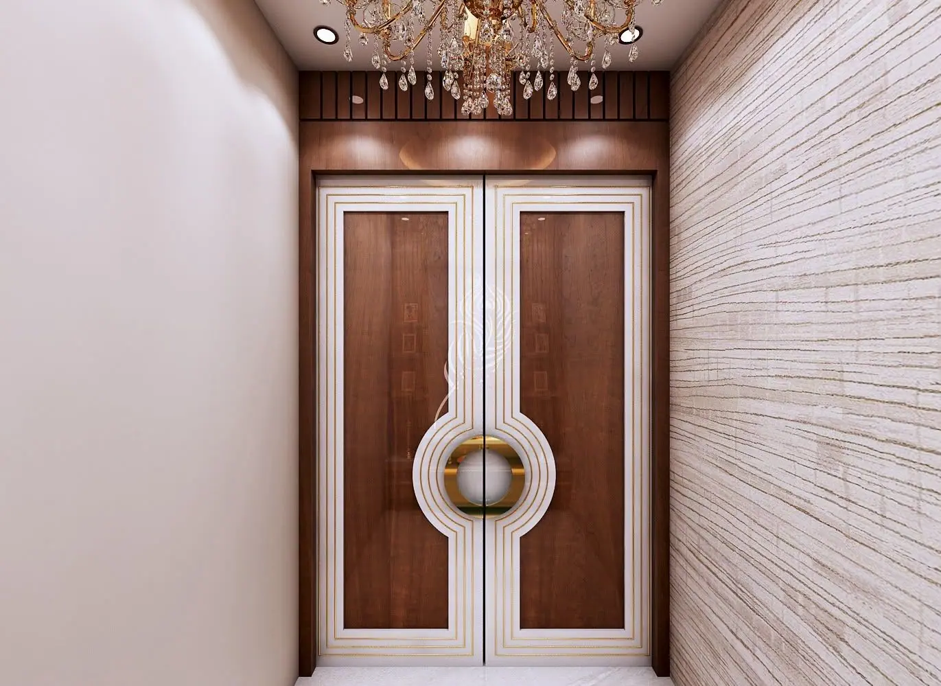 Double door with a white frame and a round pull handle, opening into a prayer room