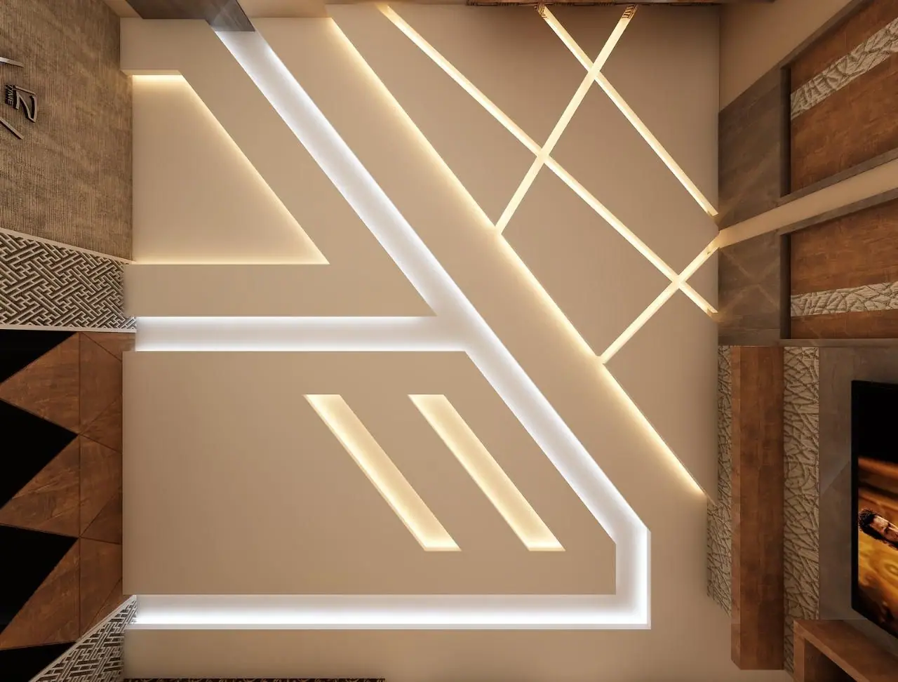 Plan view of a false ceiling with angled linear light lines
