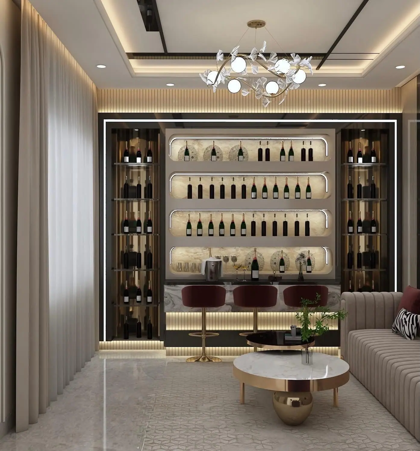 Home bar design with a backlit bottle display wall, bar stools and a lounge seating area