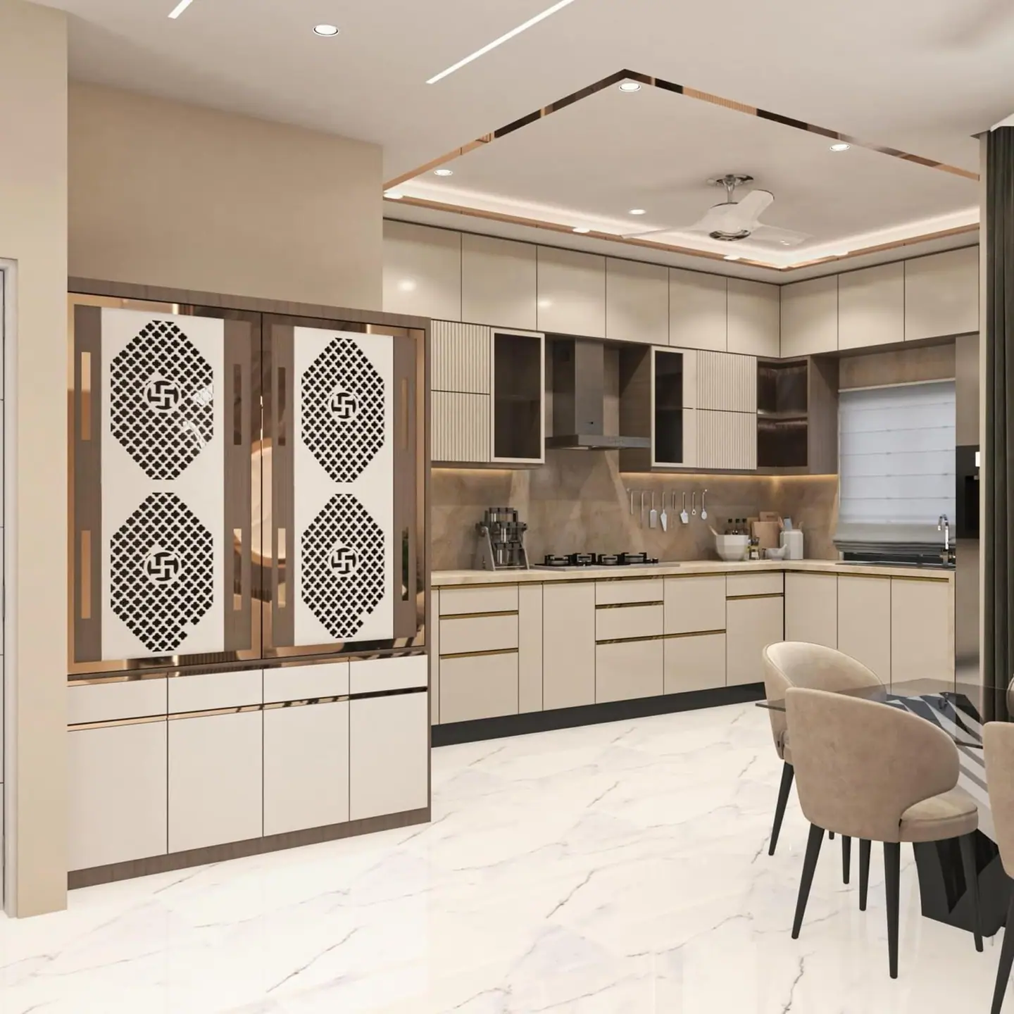 Kitchen design with a jali partition, tall units and a long counter