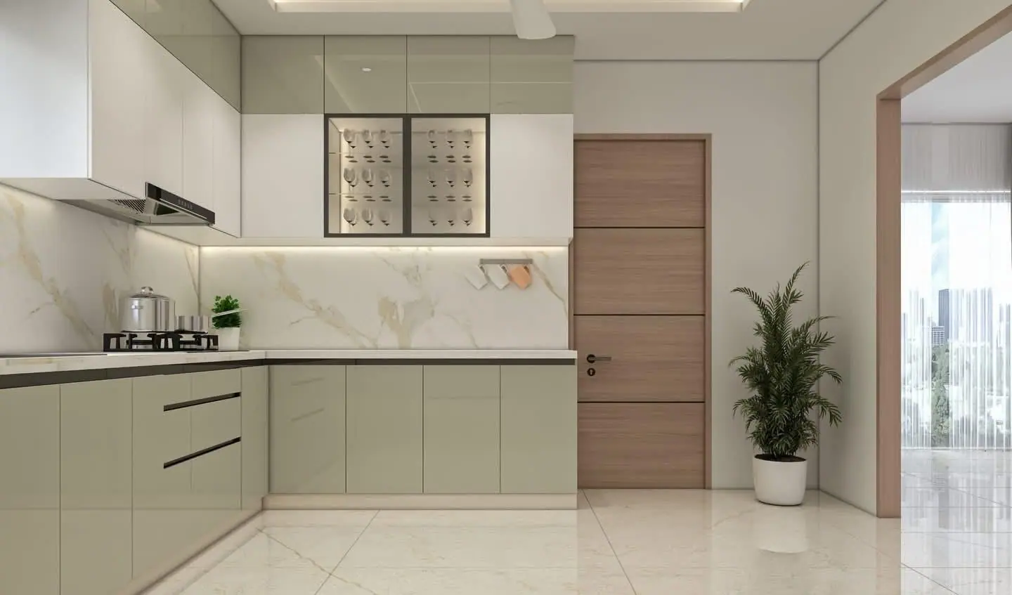 Kitchen design with sage-green lower cabinets and a marble-effect backsplash