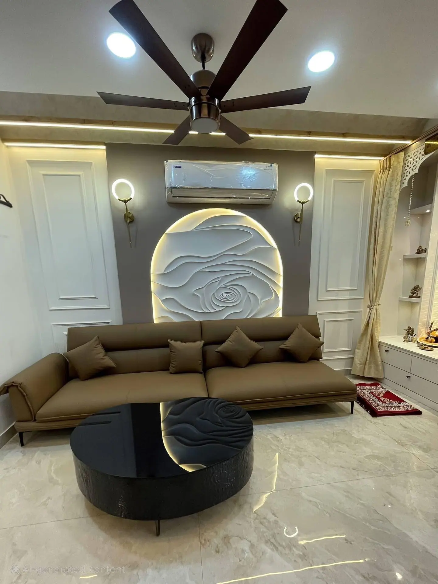 Living room with a backlit sculpted arch panel, panelled walls and a round black coffee table