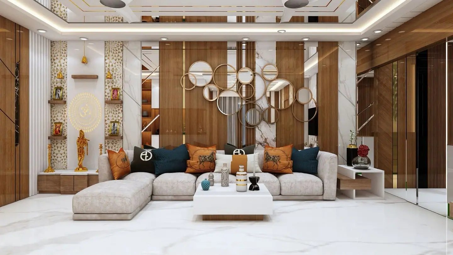 Living room design with wood-panelled walls, a cluster of round mirrors and a white sectional sofa