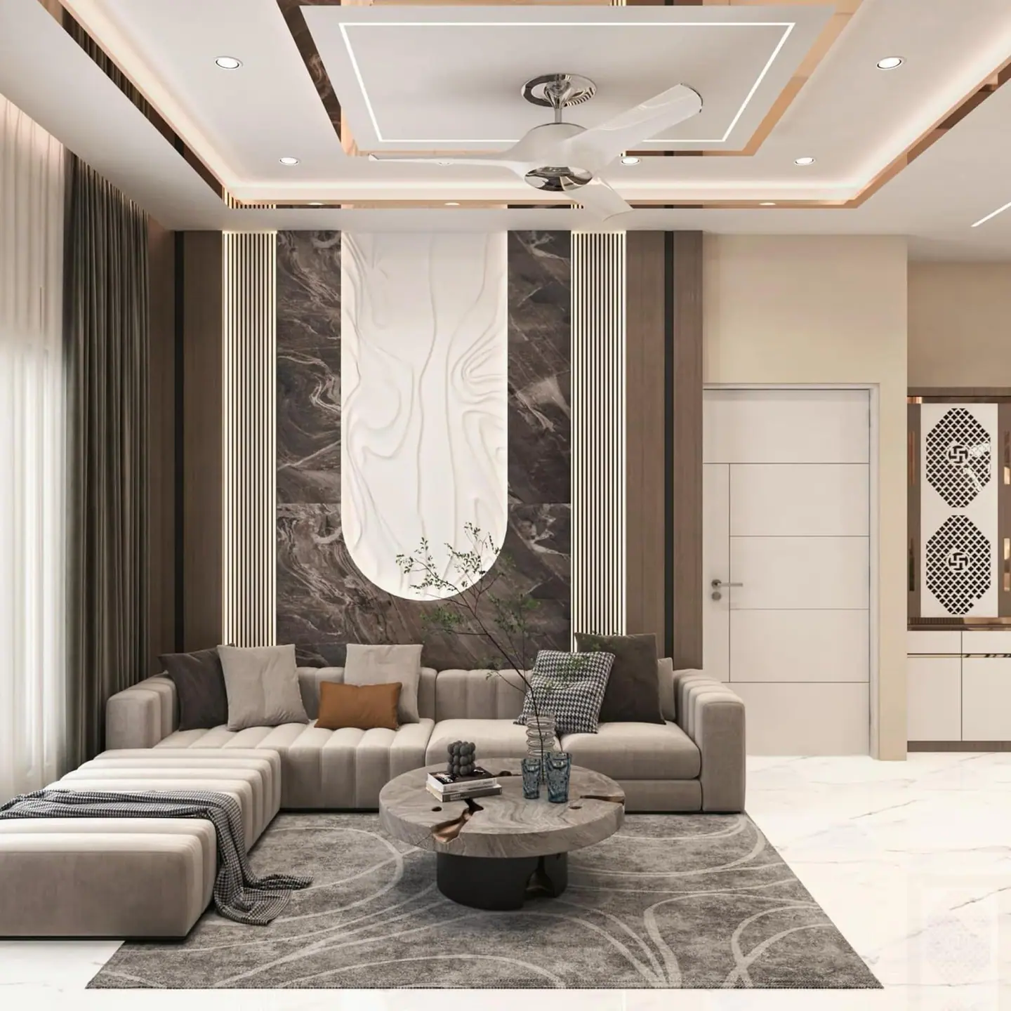 Living room design with a stone feature wall and a curved sectional sofa