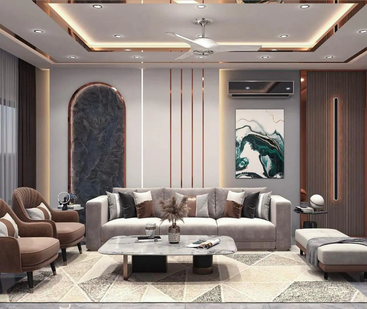 Living room design with arched wall niches, a cove-lit ceiling and a grey sofa set