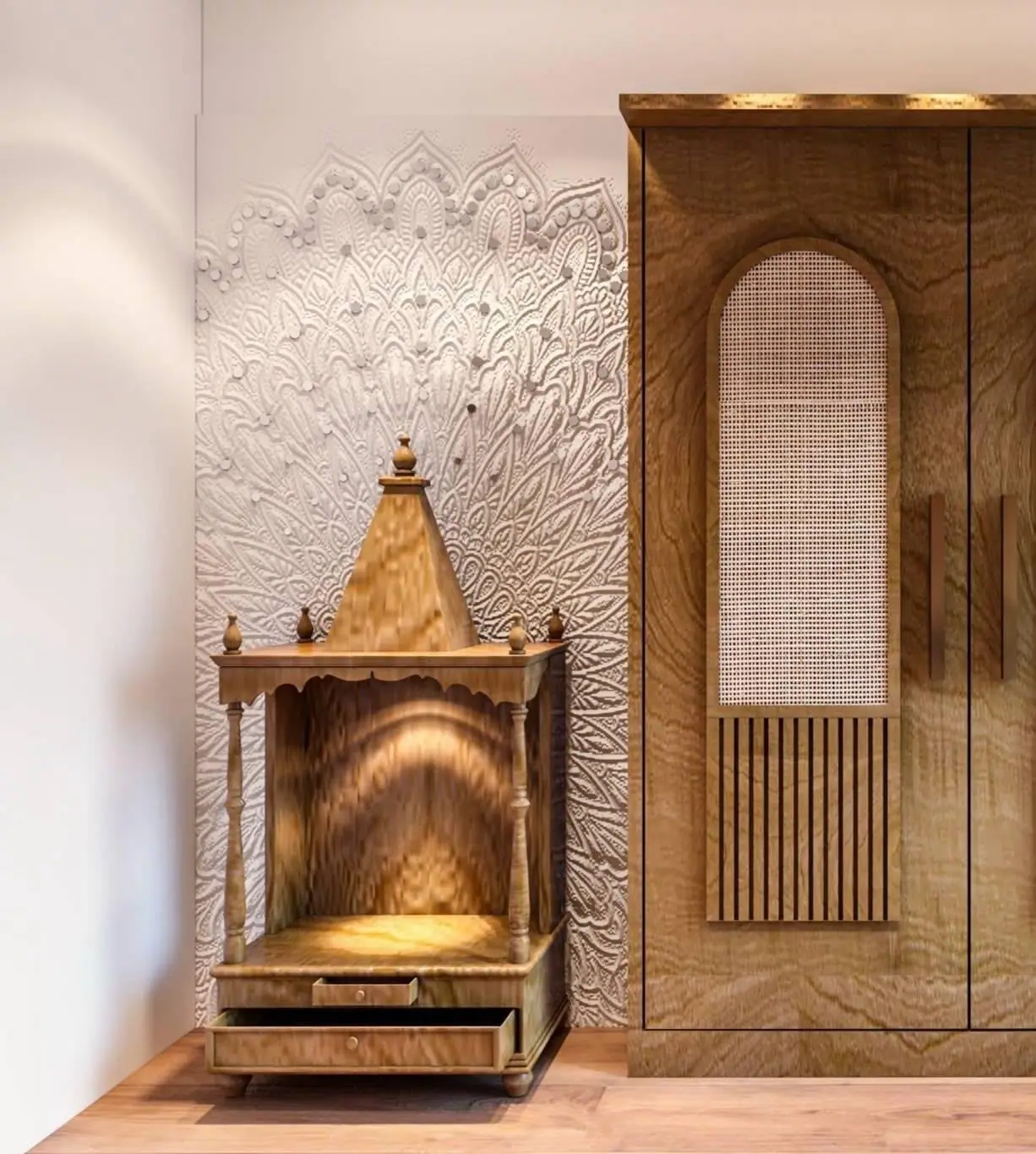 Wooden temple unit against a carved relief wall