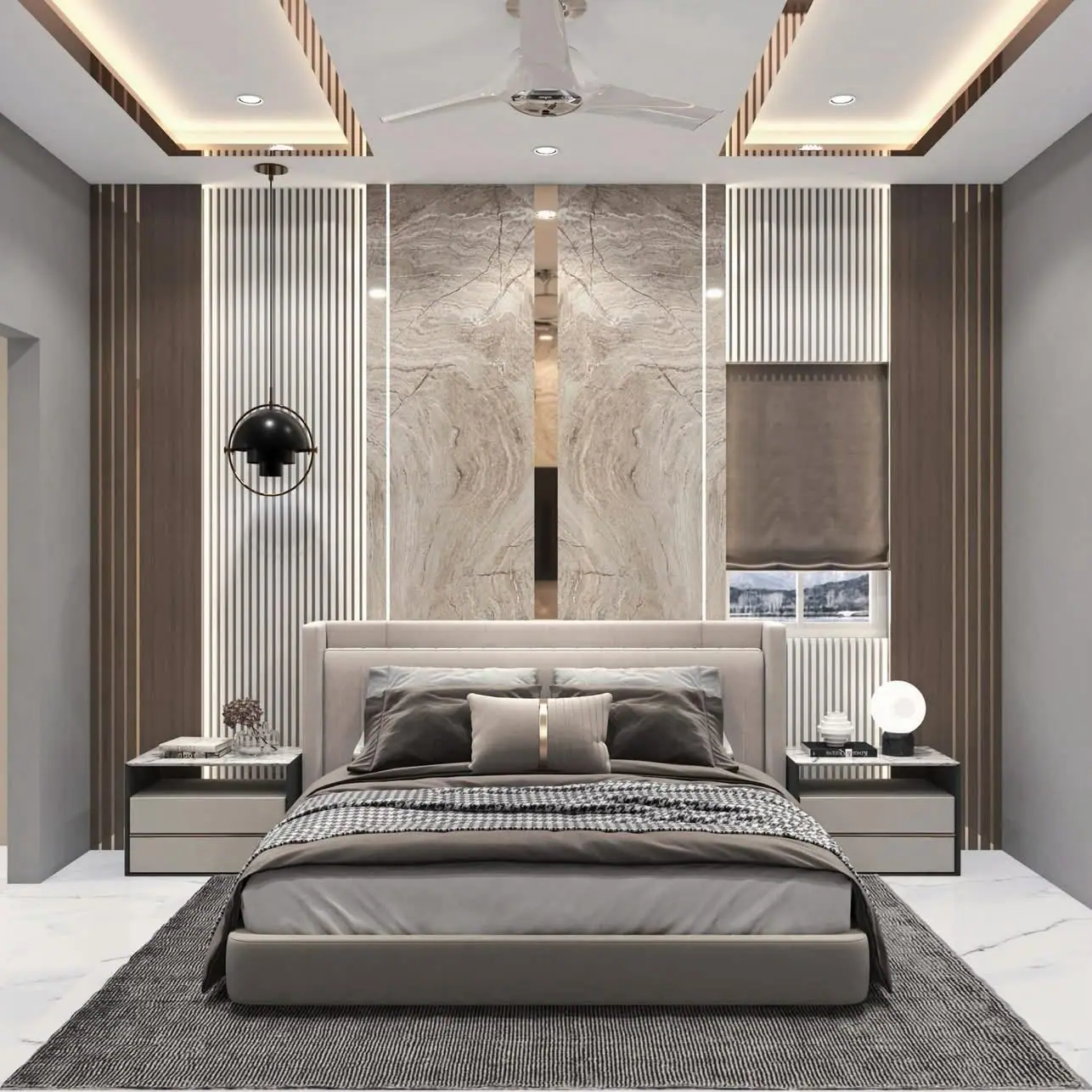 Bedroom design with a marble-effect feature wall, slatted side panels and an upholstered bed