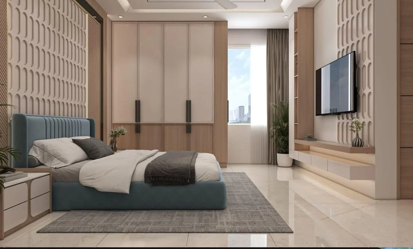 Bedroom design with a panelled wardrobe wall, reading chair and TV unit
