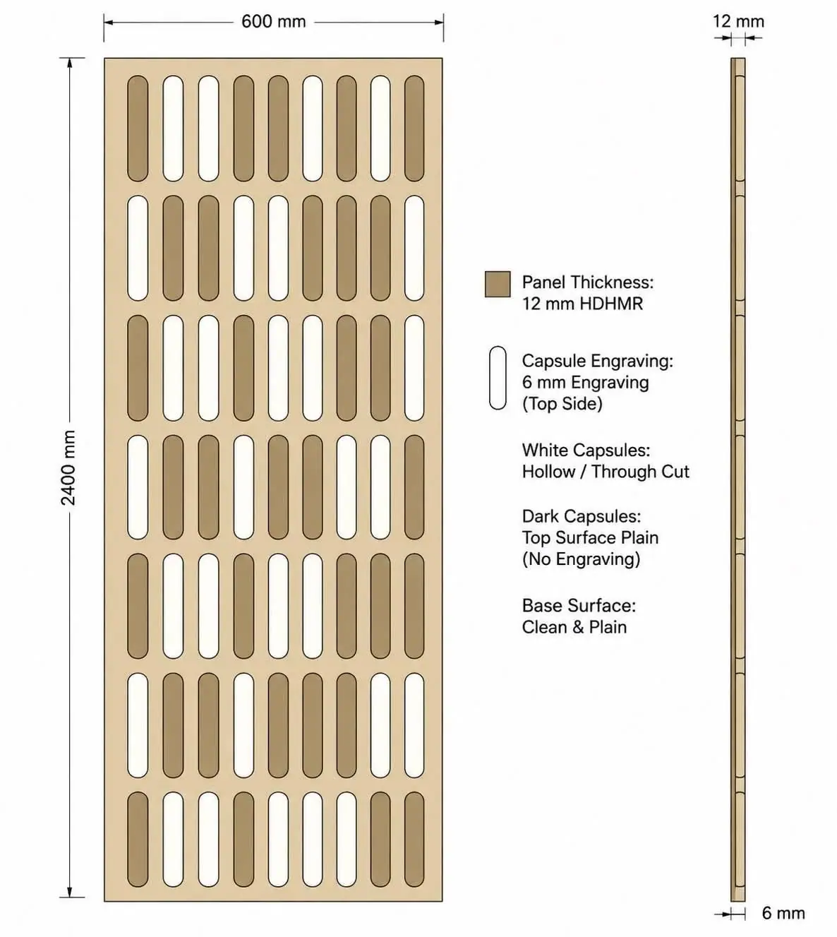 Detail drawing of a decorative wall panel, with dimensions and material notes